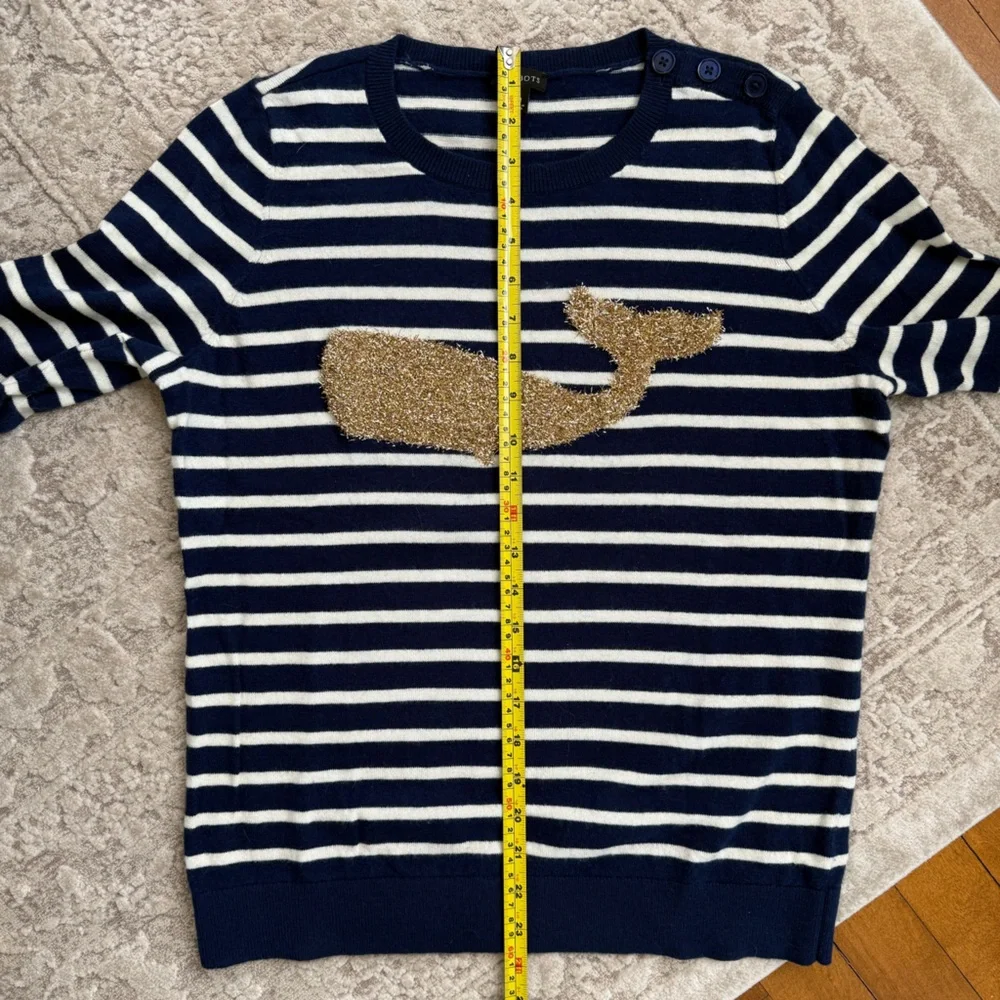 Talbots EUC Striped Metallic Whale Knit Pullover Sweater Navy White Gold M - Picture 7 of 12